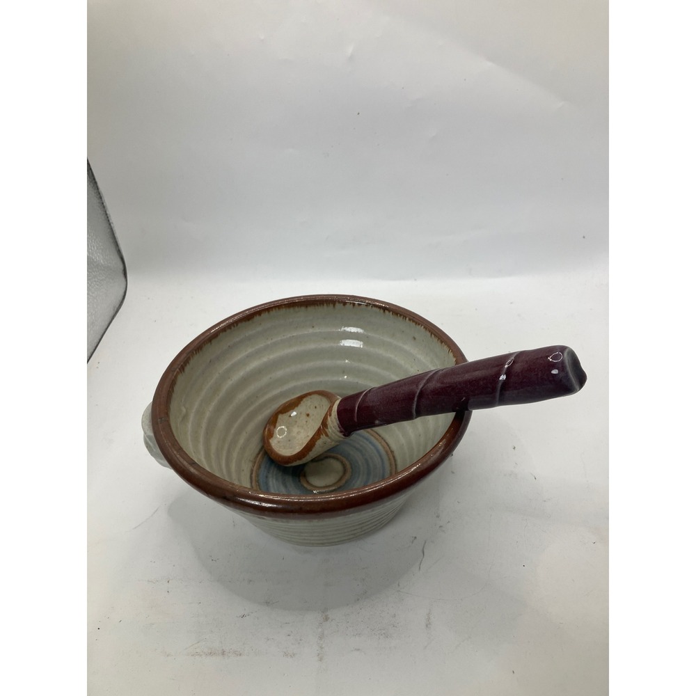 Artisan Pottery Bowl with Handles & Spoon Ceramic‎ Studio Signed
